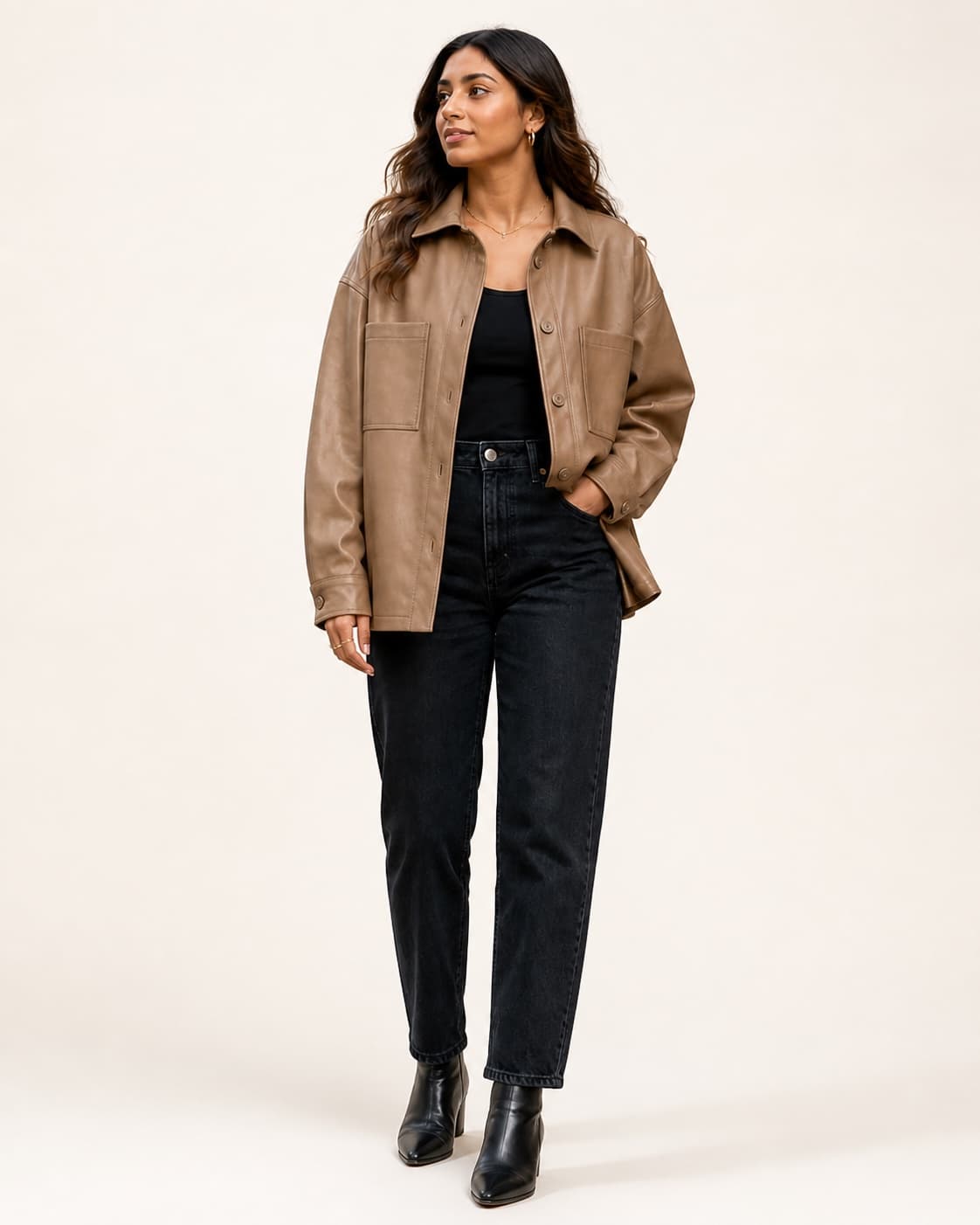 Maya wearing a brown leather overshirt generated as a try-on